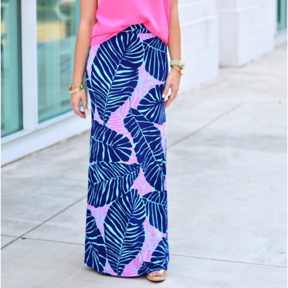 Lilly Pulitzer Under the Palms Maxi Skirt Tropical Leaf Print Pink Womens Small